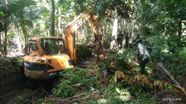 prajurit TNI dari Kodim 0818 bersama personel Satuan Angkatan Laut dan masyarakat melanjutkan pekerjaan normalisasi saluran irigasi dengan menggunakan alat berat di Dusun Lebaksari Desa Lebakharjo Kecamatan Ampelgading Kabupaten Malang.